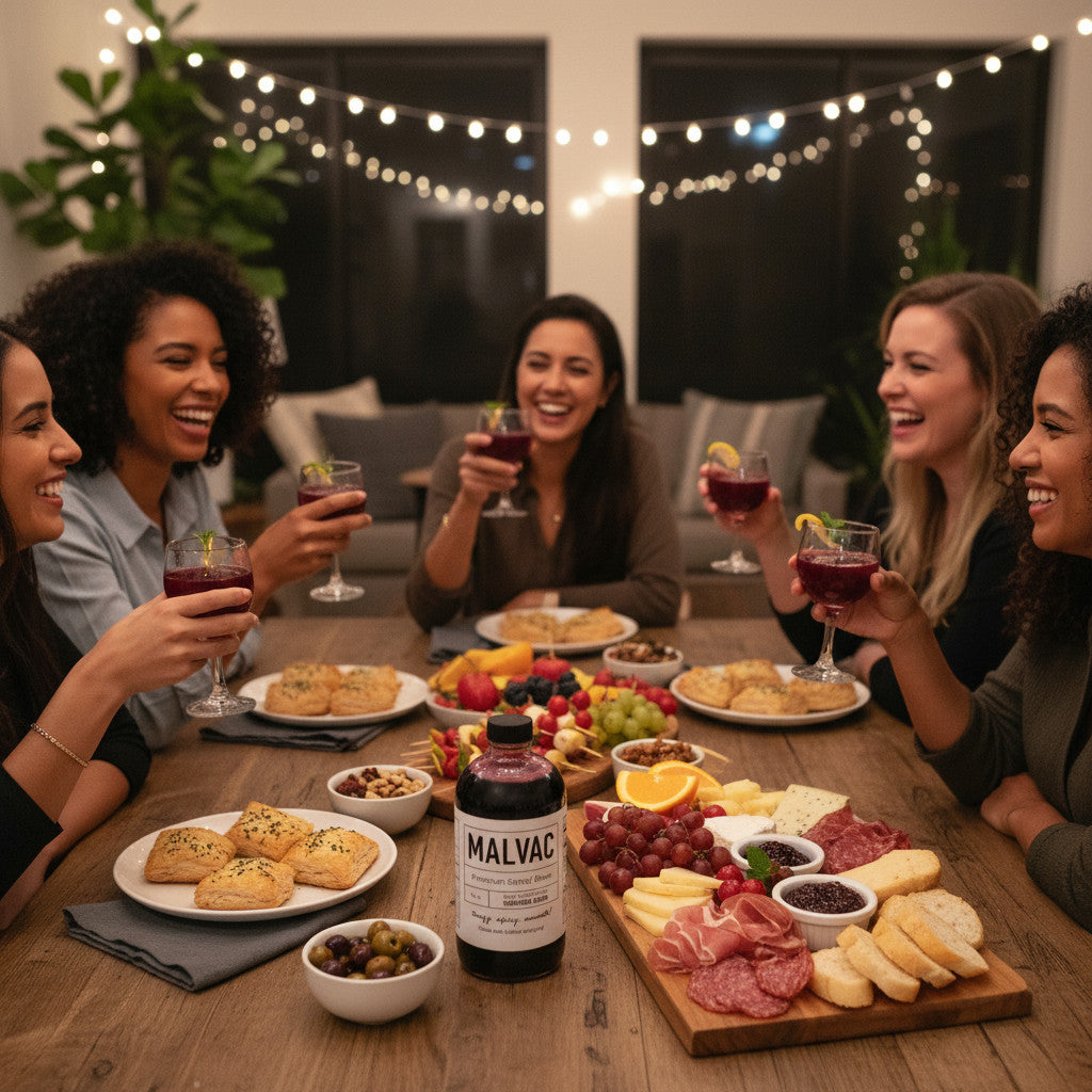Group of women enjoying a dinner party with MALVAC Premium Sorrel Brew Signature Blend and a charcuterie board on the table. They are holding wine glasses with a ruby red liquid and smiling. There are large plants and string lighting in the background.