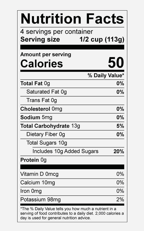 Nutrition facts label for MALVAC Premium Sorrel Brew Low Sugar Blend with detailed calorie count and nutritional content.