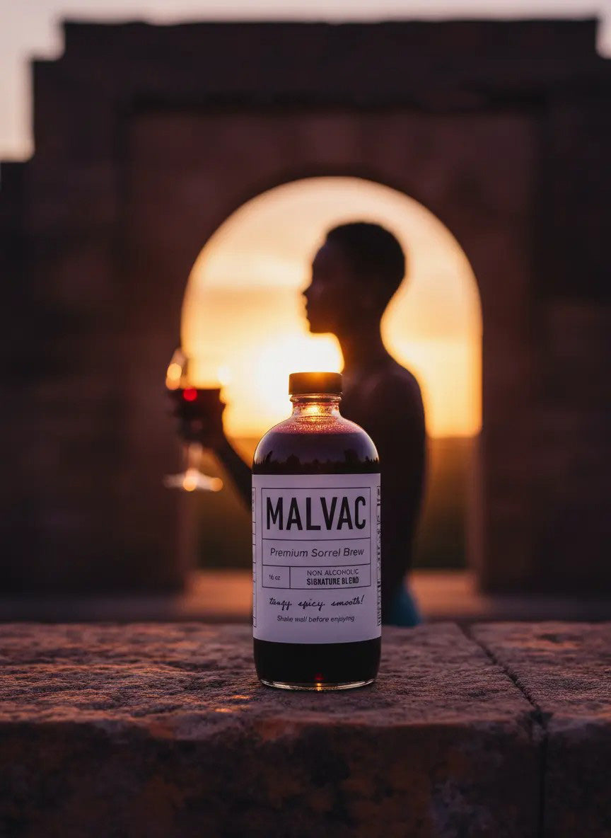 Bottle of MALVAC Premium Sorrel Brew Signature Blend with a silhouette of a person in the background holding a glass with a ruby red liquid and the sun setting. 