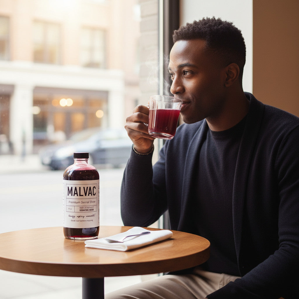 Man sitting in a cafe next to a large window drinking a hot ruby red liquid in a tea cup with a bottle of MALVAC Premium Sorrel Brew Signature Blend, a spoon, and a napkin on the table, gazing out of the window. The setting is daytime.